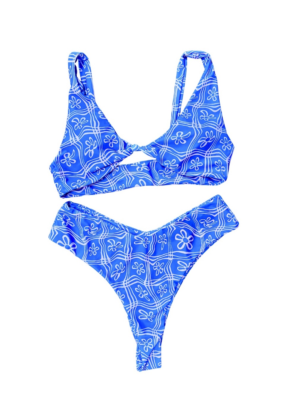 Blue Floral Print Twist-Front Bikini Set
